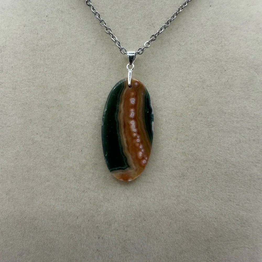 Ocean Jasper Pendant Necklace on Sterling Silver Bail & Stainless Steel Chain - Picture 7 of 8